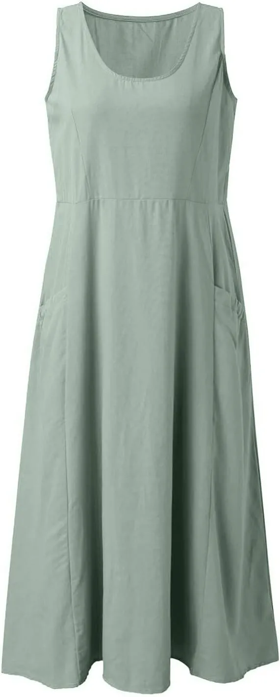 Sun Dresses for Women Casual Beach Plus Size Trendy Summer Linen V Neck T Shirt Dress Baggy Sleeveless Maxi Sundress