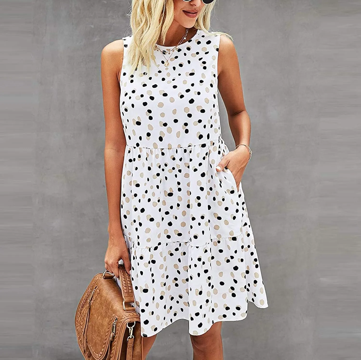 Sun Dresses Women Tank Dress Summer Dresses Ruched Dresses Sleeveless Polka Dot Casual Mini Aline Dress with Pocket