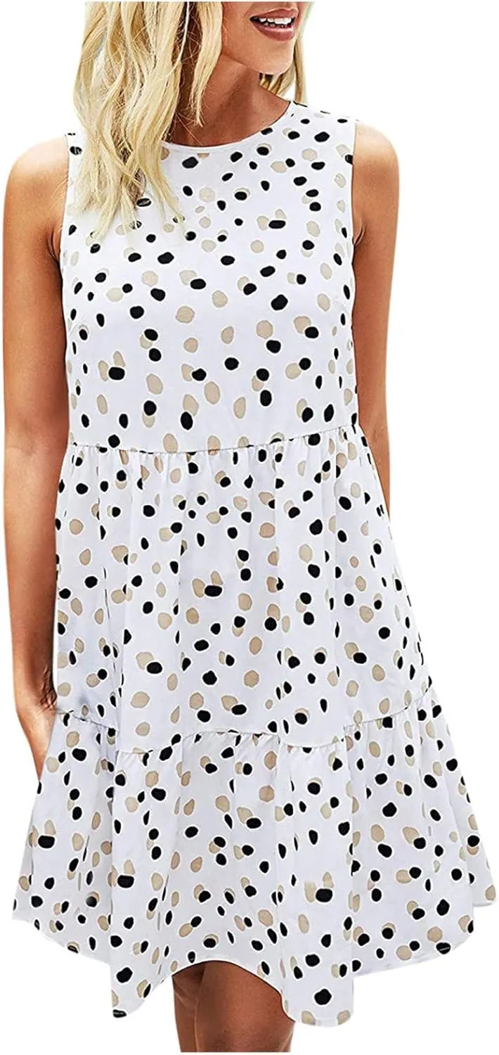 Sun Dresses Women Tank Dress Summer Dresses Ruched Dresses Sleeveless Polka Dot Casual Mini Aline Dress with Pocket