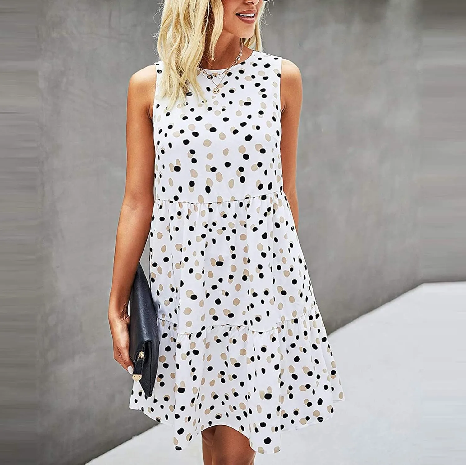 Sun Dresses Women Tank Dress Summer Dresses Ruched Dresses Sleeveless Polka Dot Casual Mini Aline Dress with Pocket