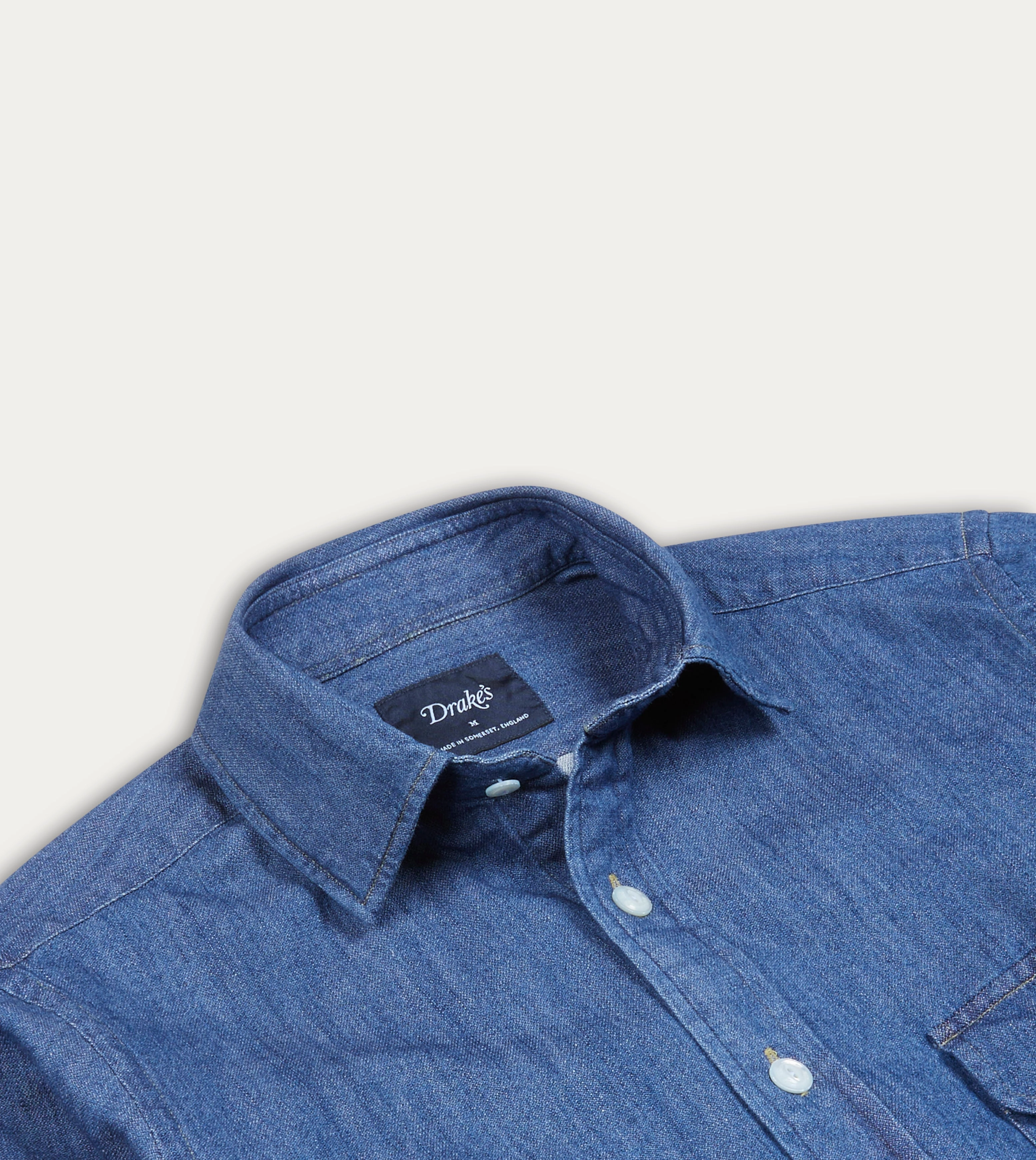 Double Needle Hemming Mid-Blue Washed Denim Cotton Two-Pocket Work Shirt