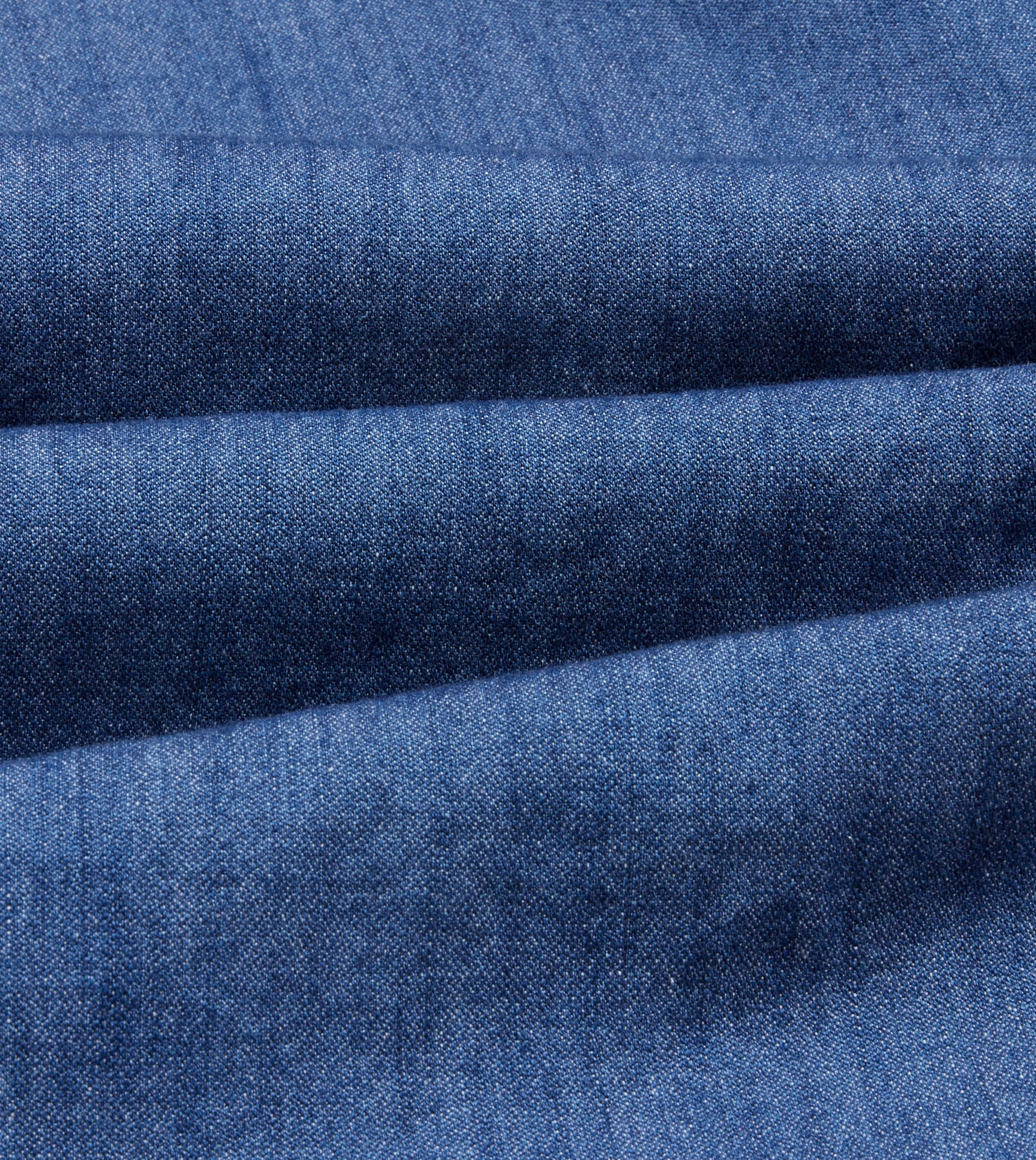 Mid-Blue Washed Denim Cotton Two-Pocket Work Shirt Smooth Texture Travel Friendly
