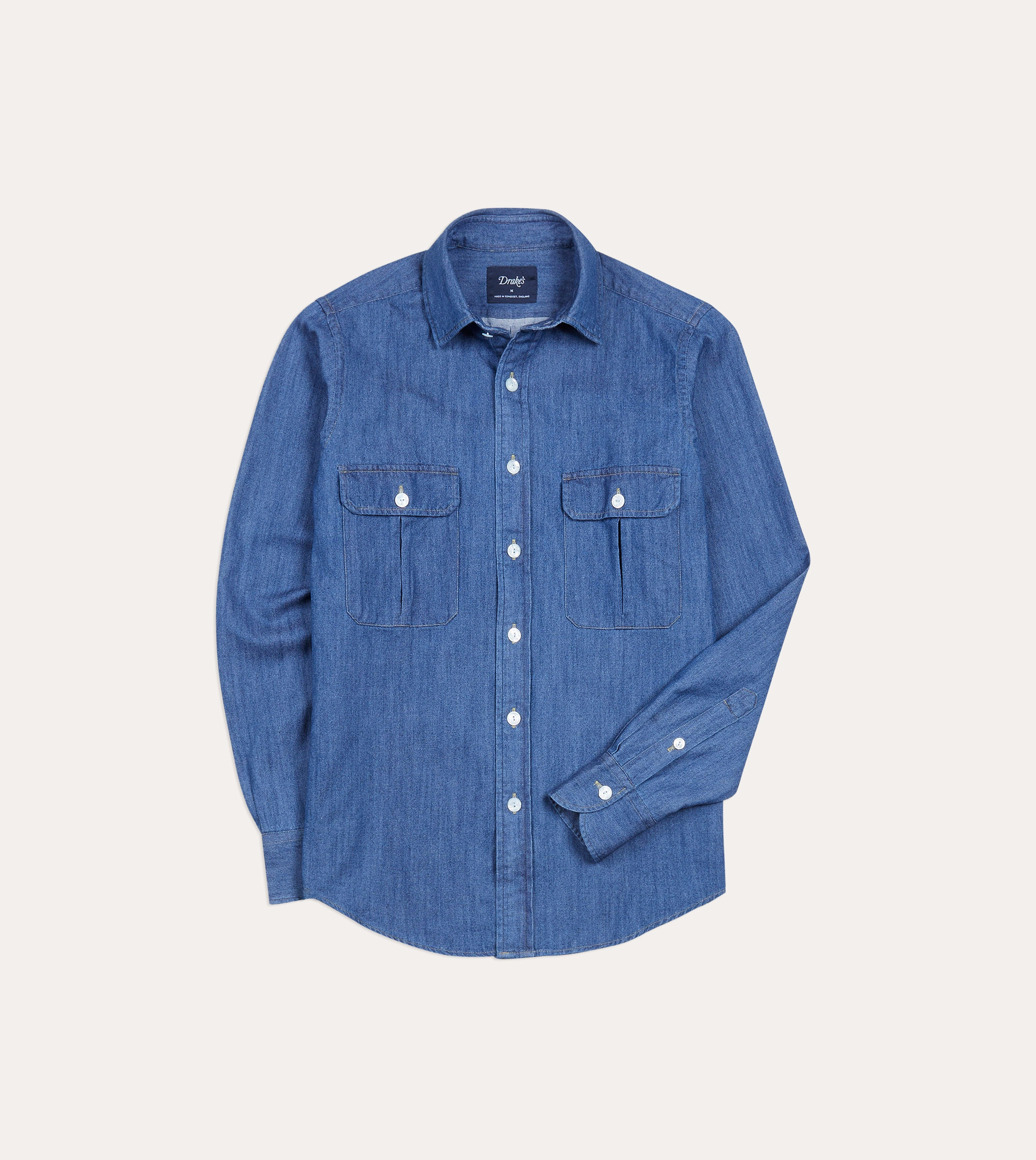 Mid-Blue Washed Denim Cotton Two-Pocket Work Shirt Geometric Design Tear Resistant Reinforcement