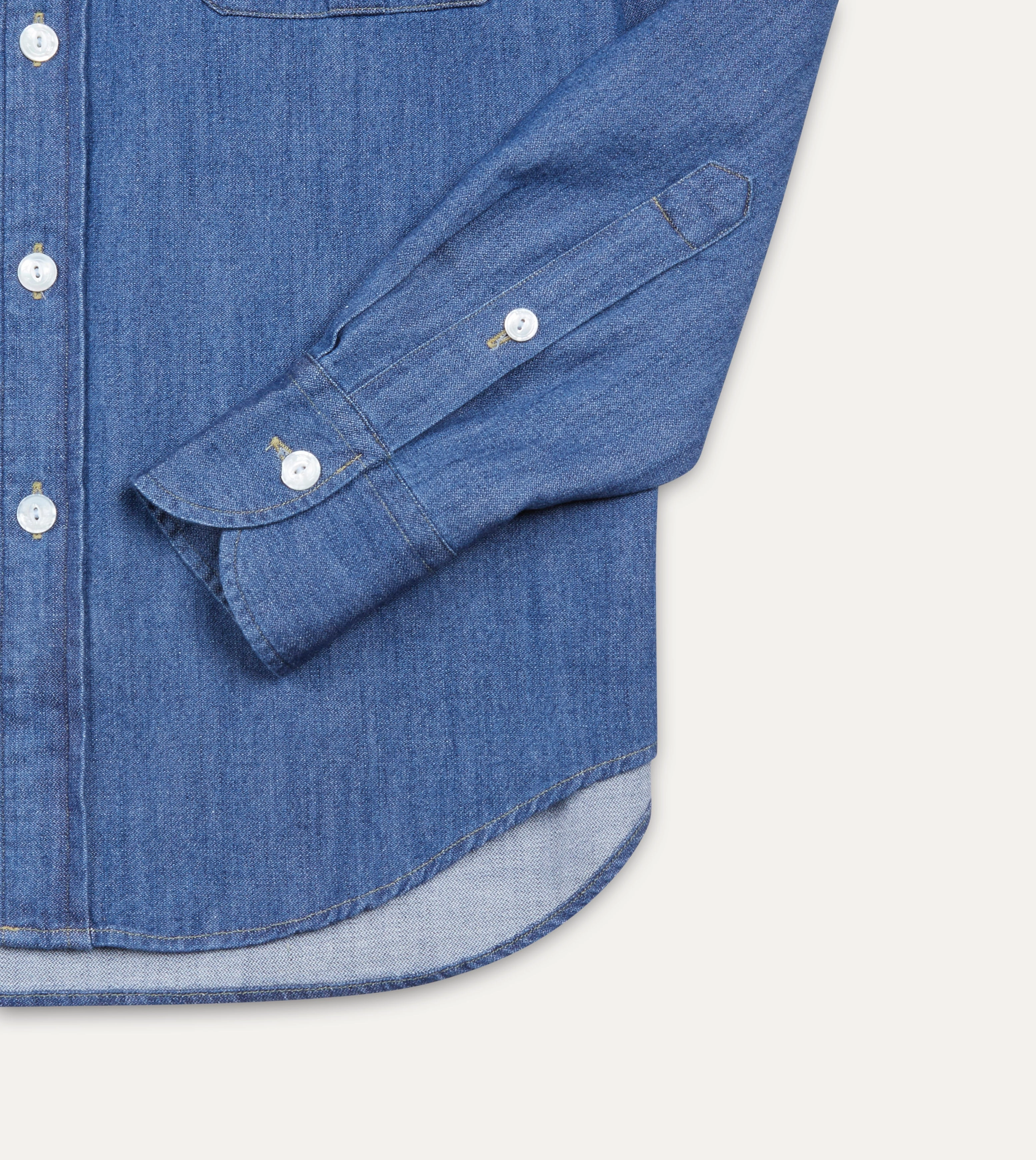 Hooded Option Mid-Blue Washed Denim Cotton Two-Pocket Work Shirt