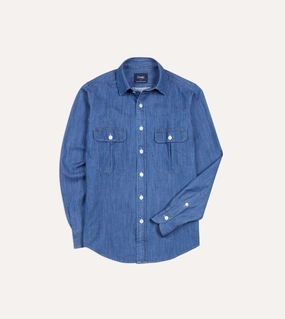 Mid-Blue Washed Denim Cotton Two-Pocket Work Shirt Geometric Design Tear Resistant Reinforcement