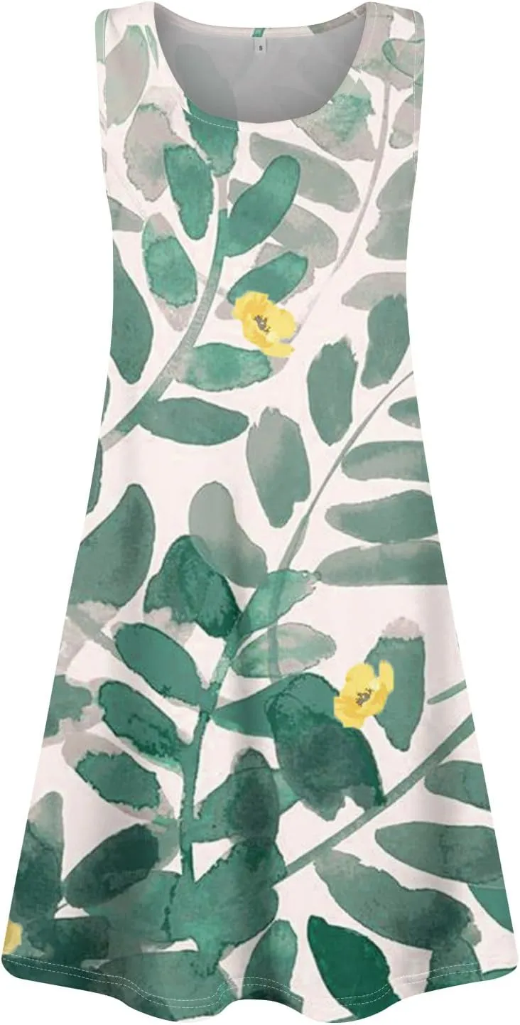 Sundress for Woman Tank Dress Spring Beach Dress A Line Dresses Sleeveless Patterned Boho Dress Summer with Pocket