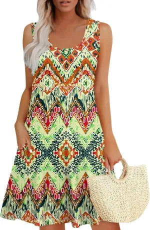 Sundress for Woman Tank Dress Spring Beach Dress A Line Dresses Sleeveless Patterned Boho Dress Summer with Pocket