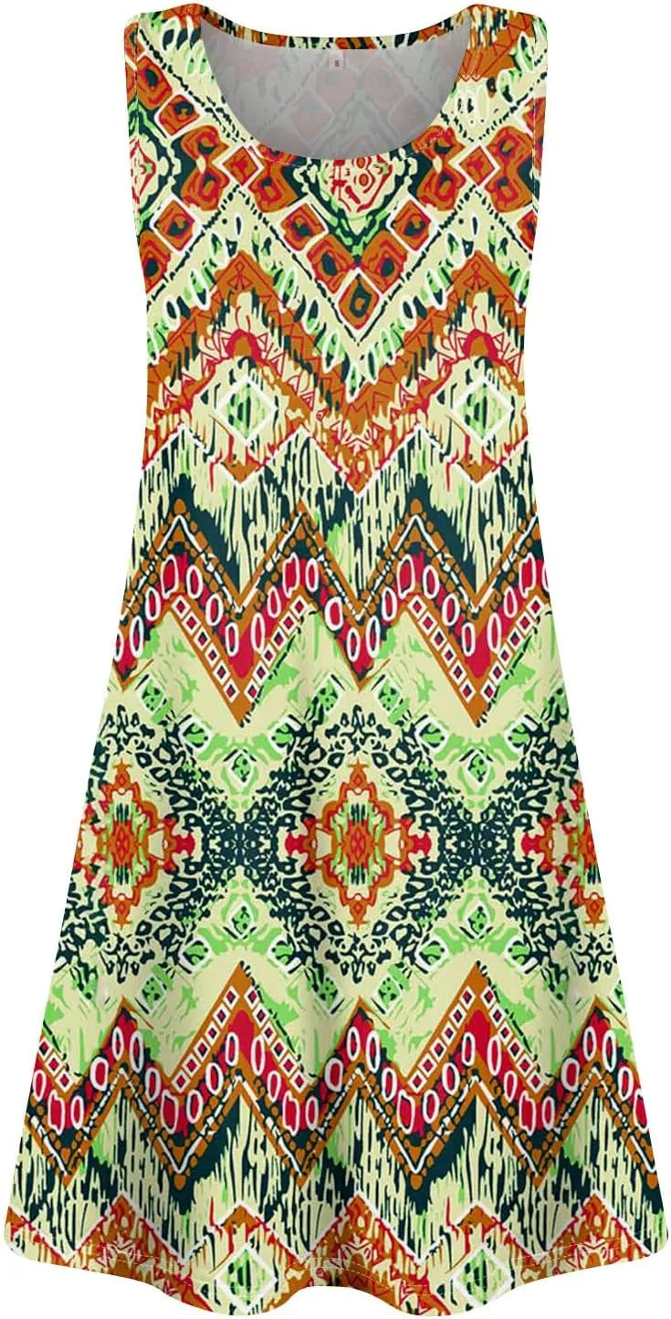 Sundress for Woman Tank Dress Spring Beach Dress A Line Dresses Sleeveless Patterned Boho Dress Summer with Pocket