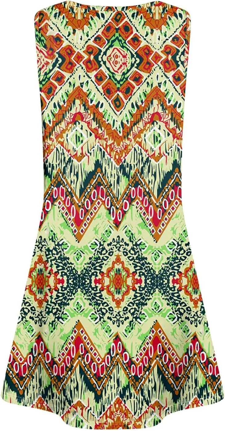 Sundress for Woman Tank Dress Spring Beach Dress A Line Dresses Sleeveless Patterned Boho Dress Summer with Pocket