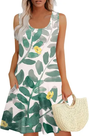 Sundress for Woman Tank Dress Spring Beach Dress A Line Dresses Sleeveless Patterned Boho Dress Summer with Pocket