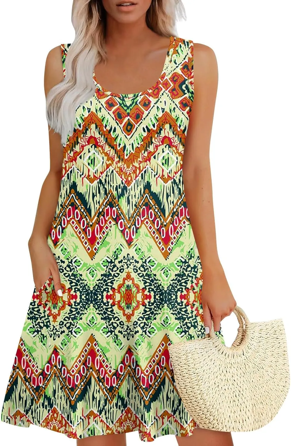 Sundress for Woman Tank Dress Spring Beach Dress A Line Dresses Sleeveless Patterned Boho Dress Summer with Pocket