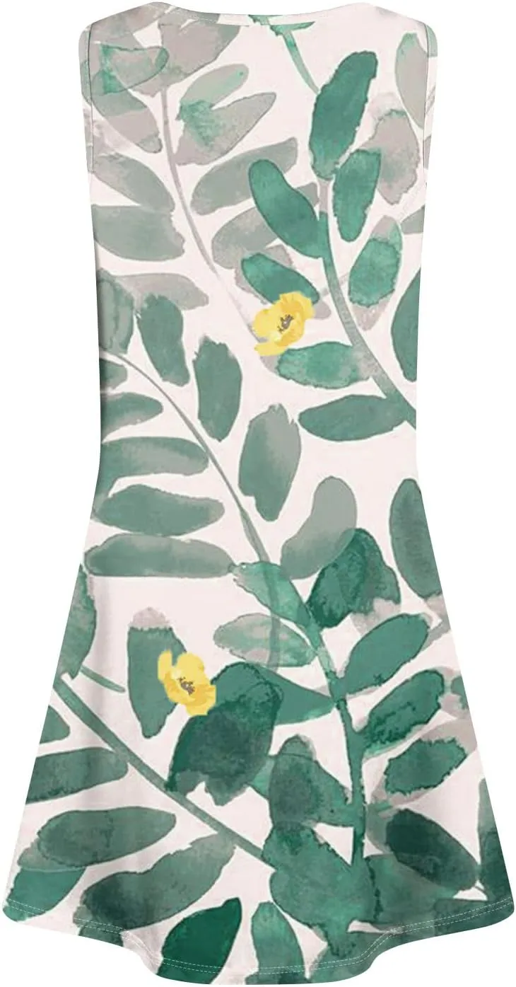 Sundress for Woman Tank Dress Spring Beach Dress A Line Dresses Sleeveless Patterned Boho Dress Summer with Pocket