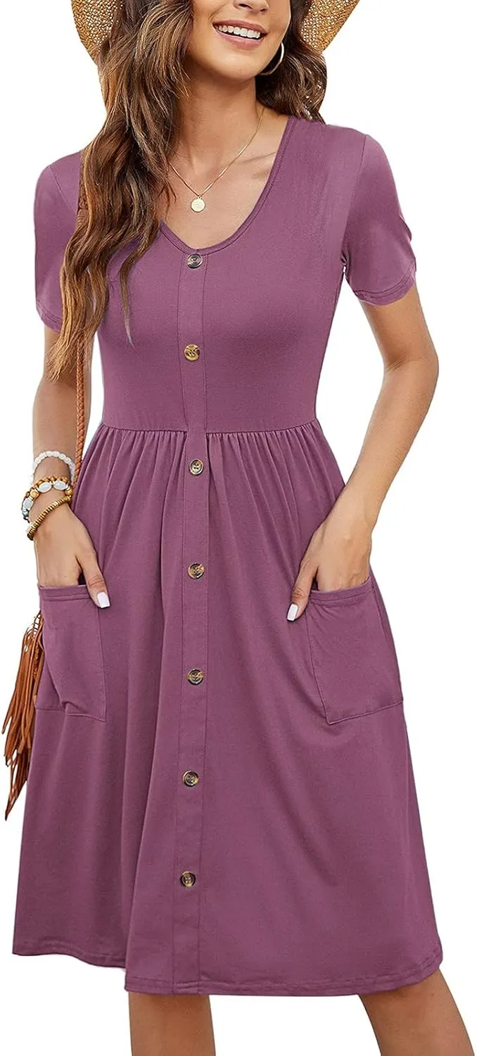 Sundresses for Women 2024,Women Summer Dresses Sleeveless Casual Swing Button Down Midi Dress with Pockets