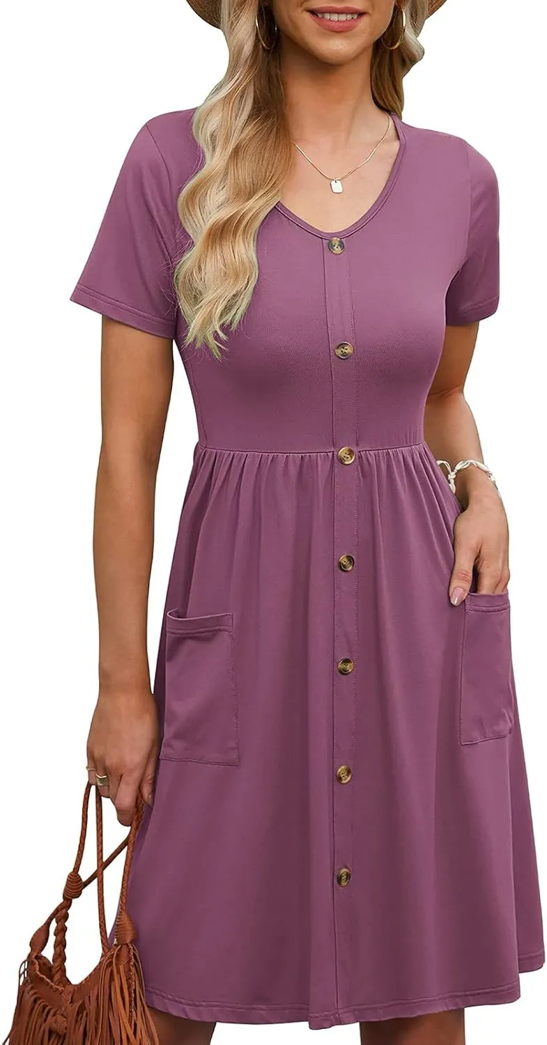 Sundresses for Women 2024,Women Summer Dresses Sleeveless Casual Swing Button Down Midi Dress with Pockets
