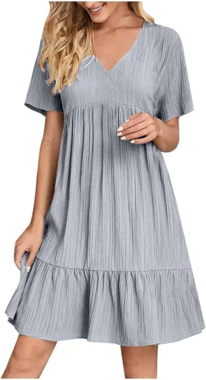 Sundresses for Women 2025 Casual Loose Fit Prom Bohemian Short Dress Plus Size Solid Color Swing V Neck Tiered Flowy Dress