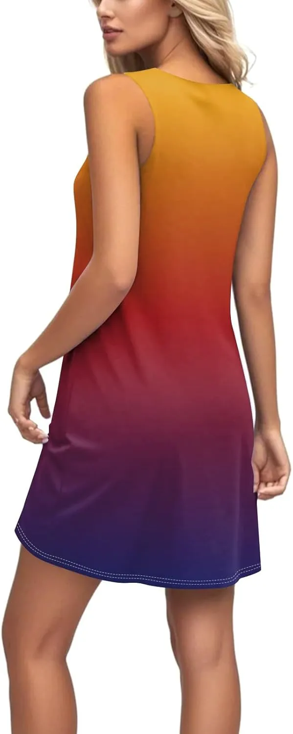 Sundresses for Women Tank Dress Spring Short Dress Sleeveless Gradient Color Fashion Vest Dresses Summer with Pocket