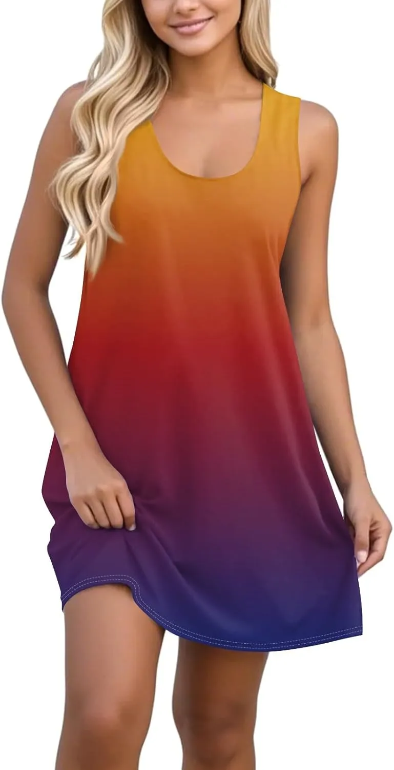 Sundresses for Women Tank Dress Spring Short Dress Sleeveless Gradient Color Fashion Vest Dresses Summer with Pocket