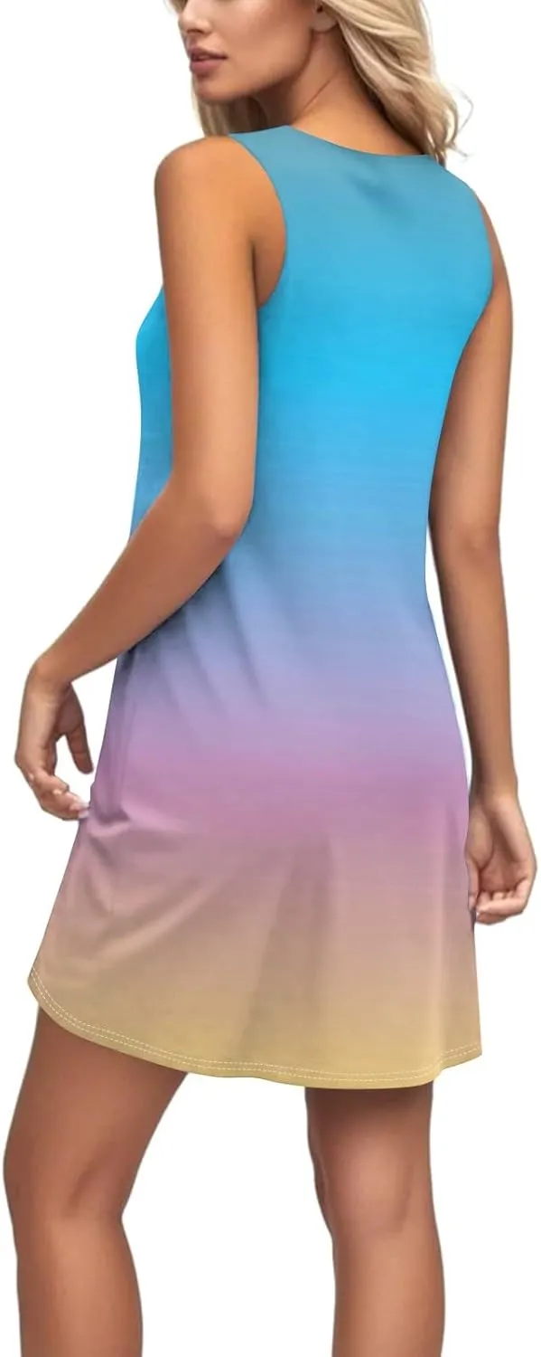 Sundresses for Women Tank Dress Spring Short Dress Sleeveless Gradient Color Fashion Vest Dresses Summer with Pocket