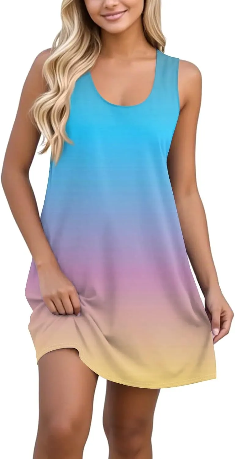 Sundresses for Women Tank Dress Spring Short Dress Sleeveless Gradient Color Fashion Vest Dresses Summer with Pocket