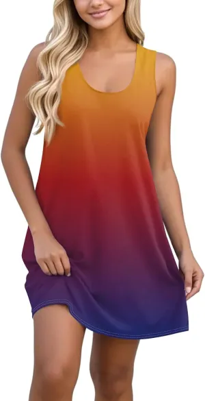 Sundresses for Women Tank Dress Spring Short Dress Sleeveless Gradient Color Fashion Vest Dresses Summer with Pocket
