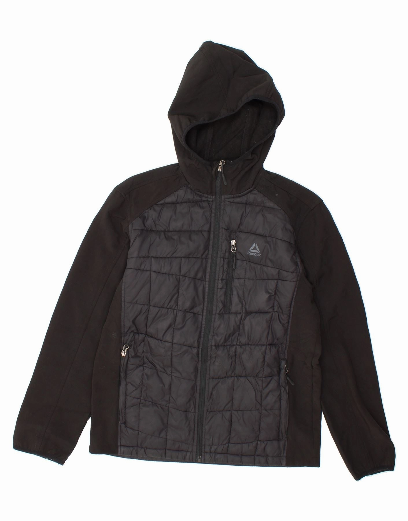 REEBOK Boys Hooded Bomber Jacket 15-16 Years XL Black Nylon Moisture Wicking Technology
