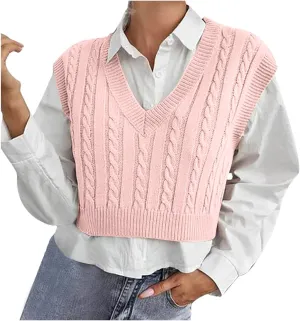 Sweater Vest for Women Fashion Cropped Cable Knit Sweater Vest Casual Sleeveless Knitted Tops Winter Clothes