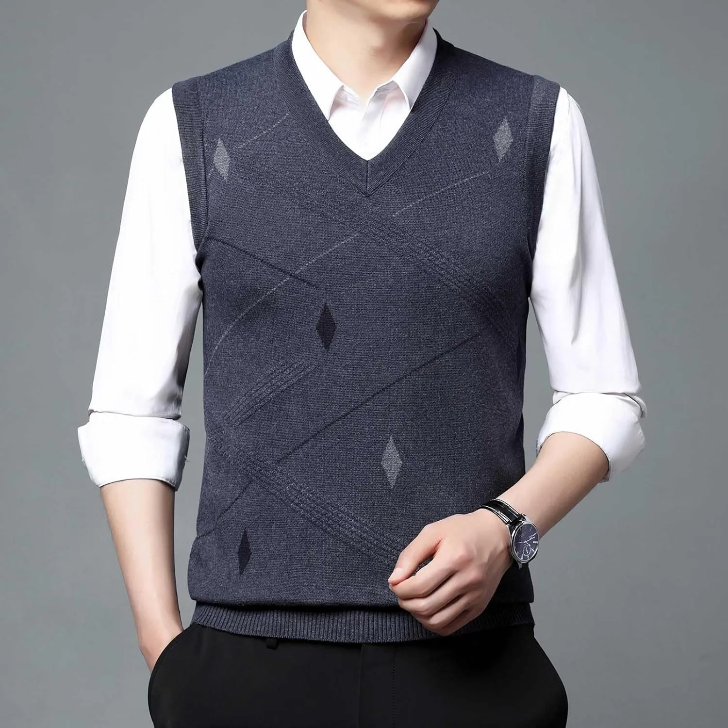 Sweater Vests for Men Business Casual Printed Knitted Sweaters Classic V-Neck Pullover Sleeveless Slim Fit Sweaters