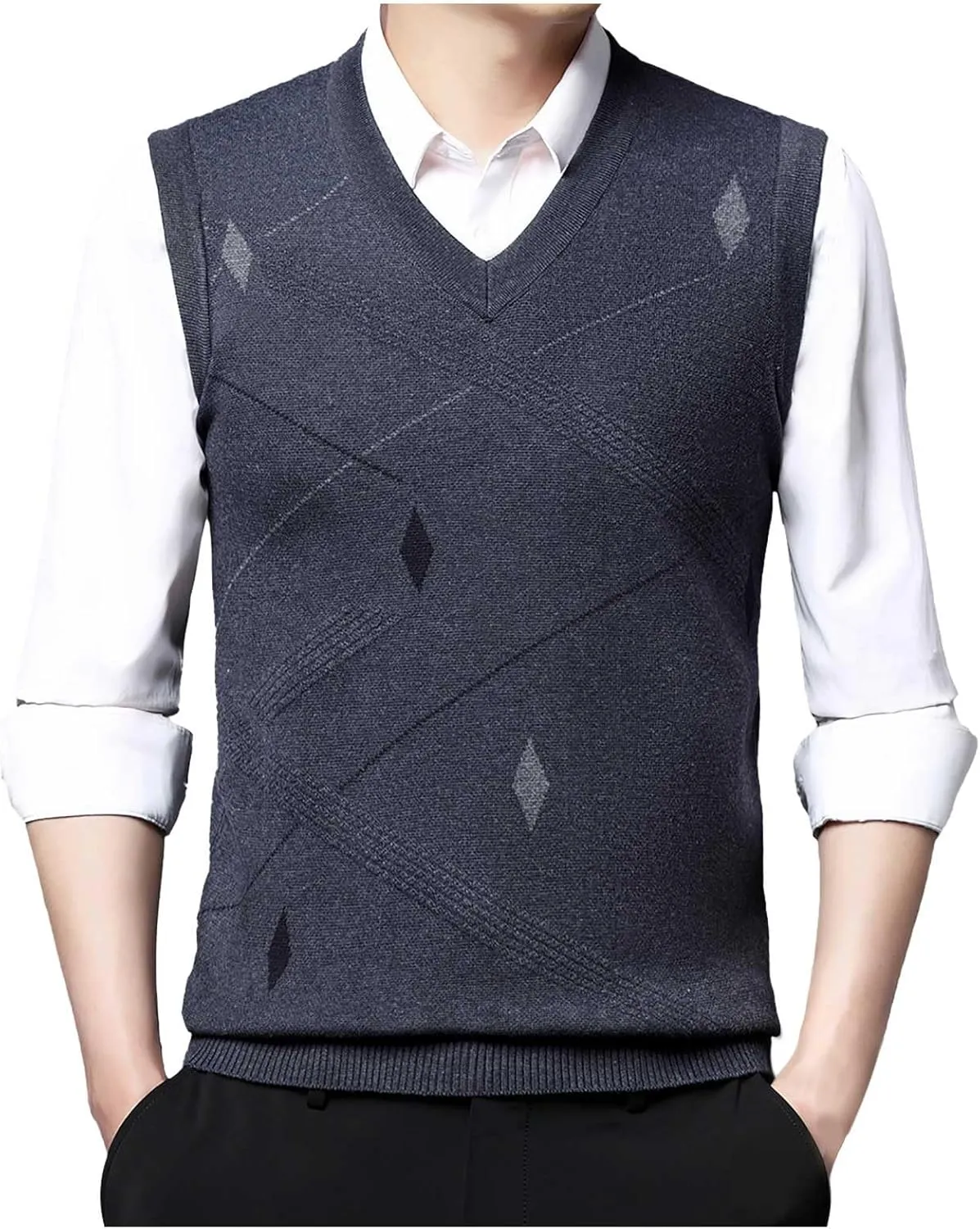 Sweater Vests for Men Business Casual Printed Knitted Sweaters Classic V-Neck Pullover Sleeveless Slim Fit Sweaters