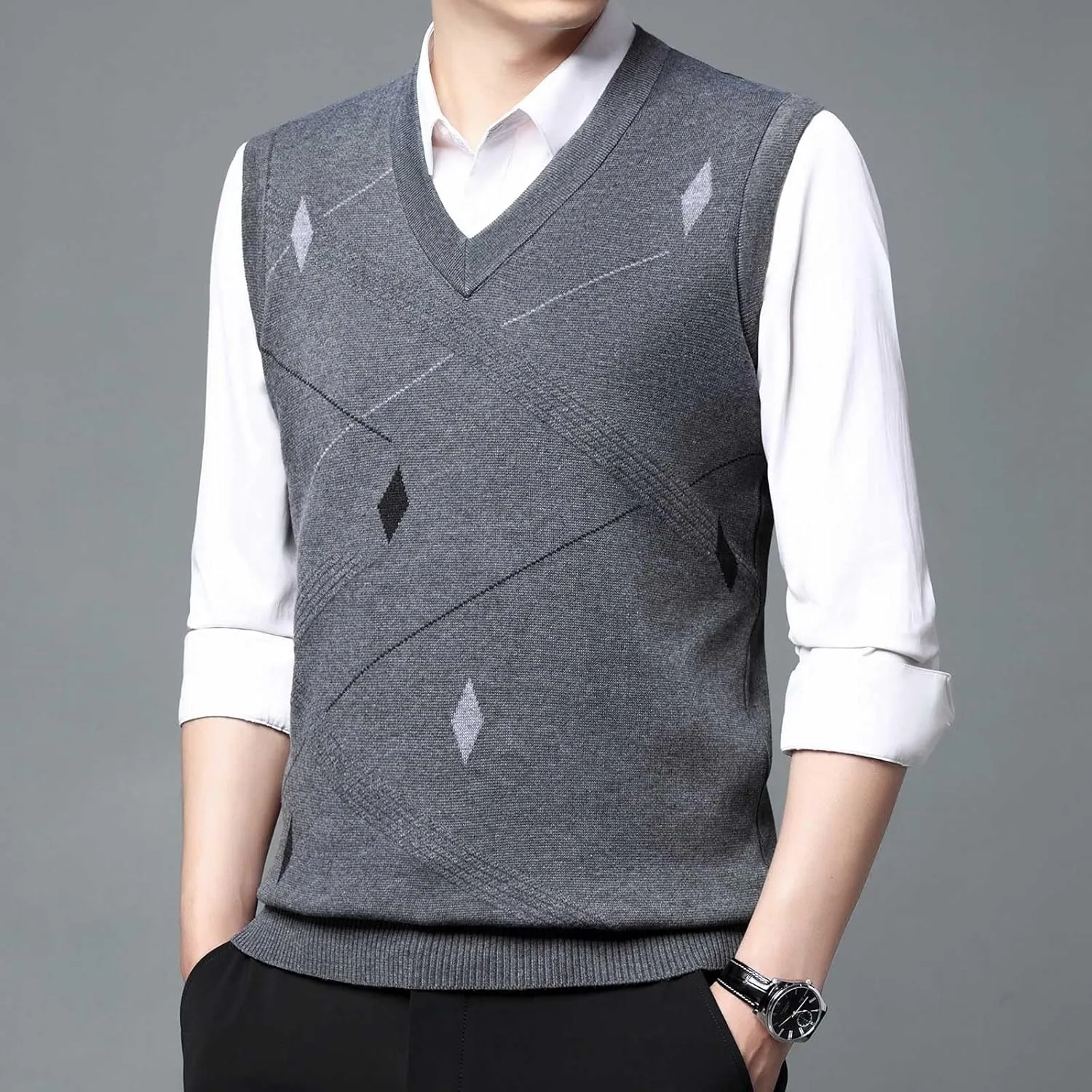 Sweater Vests for Men Business Casual Printed Knitted Sweaters Classic V-Neck Pullover Sleeveless Slim Fit Sweaters