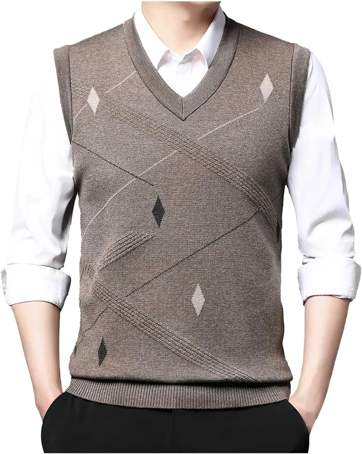 Sweater Vests for Men Business Casual Printed Knitted Sweaters Classic V-Neck Pullover Sleeveless Slim Fit Sweaters