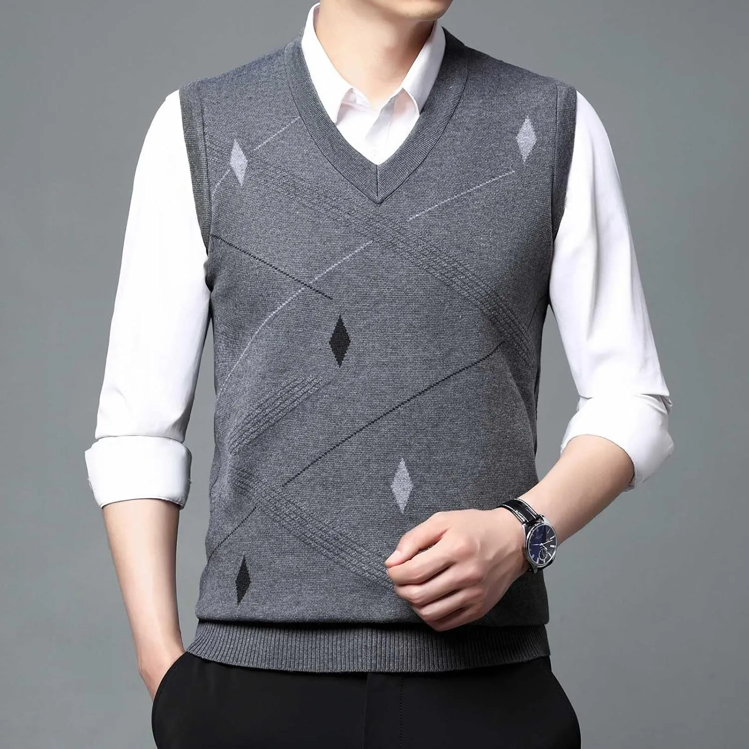 Sweater Vests for Men Business Casual Printed Knitted Sweaters Classic V-Neck Pullover Sleeveless Slim Fit Sweaters