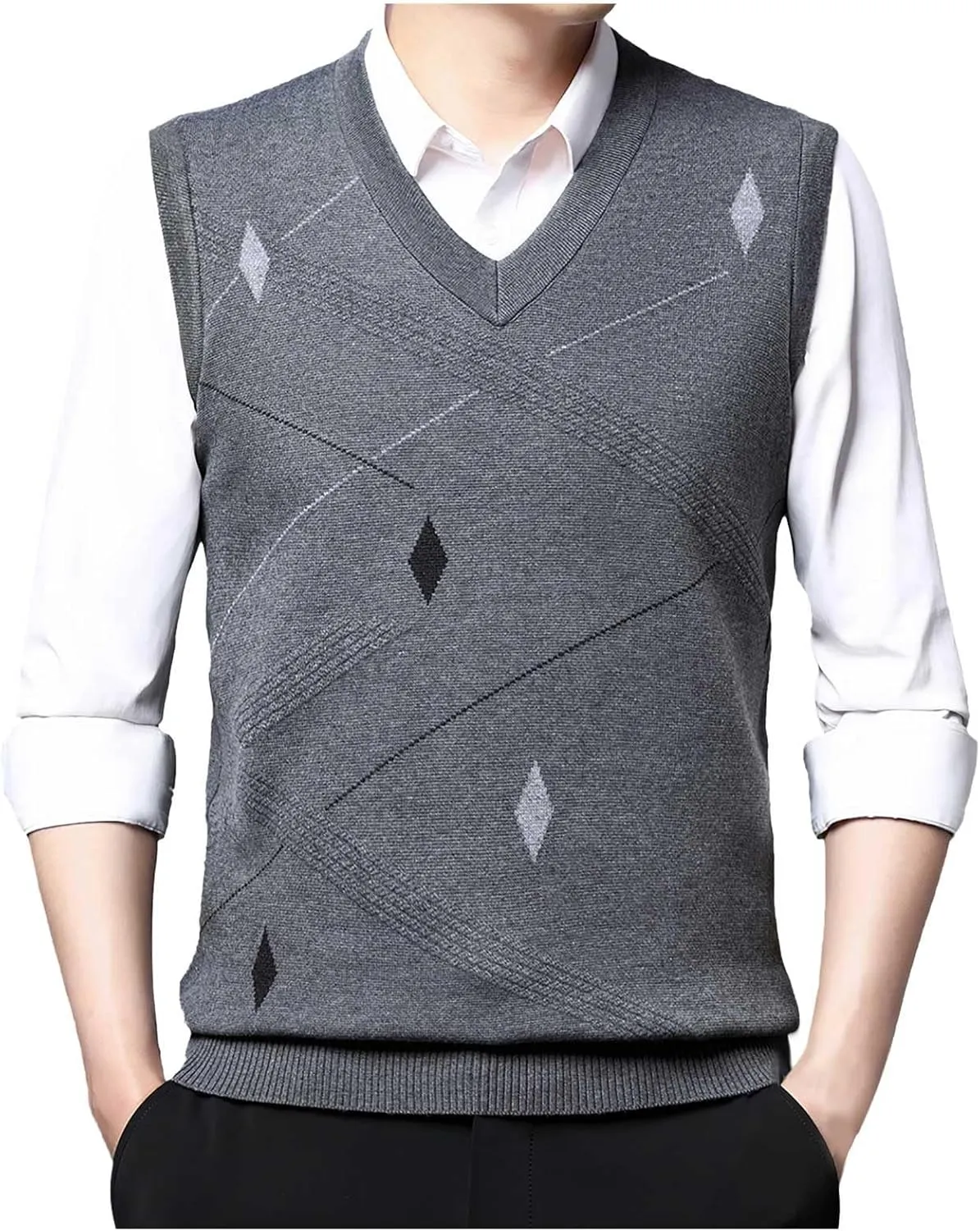 Sweater Vests for Men Business Casual Printed Knitted Sweaters Classic V-Neck Pullover Sleeveless Slim Fit Sweaters