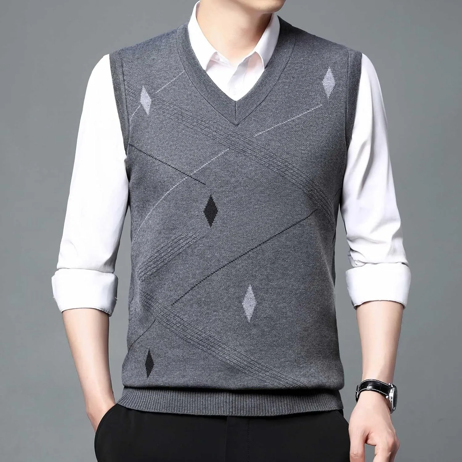 Sweater Vests for Men Business Casual Printed Knitted Sweaters Classic V-Neck Pullover Sleeveless Slim Fit Sweaters