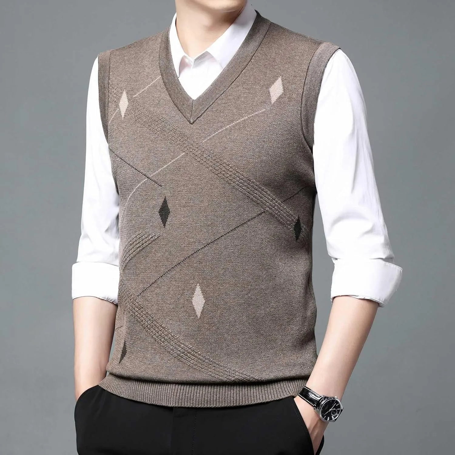 Sweater Vests for Men Business Casual Printed Knitted Sweaters Classic V-Neck Pullover Sleeveless Slim Fit Sweaters