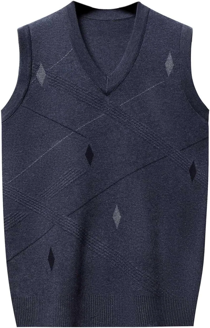 Sweater Vests for Men Business Casual Printed Knitted Sweaters Classic V-Neck Pullover Sleeveless Slim Fit Sweaters