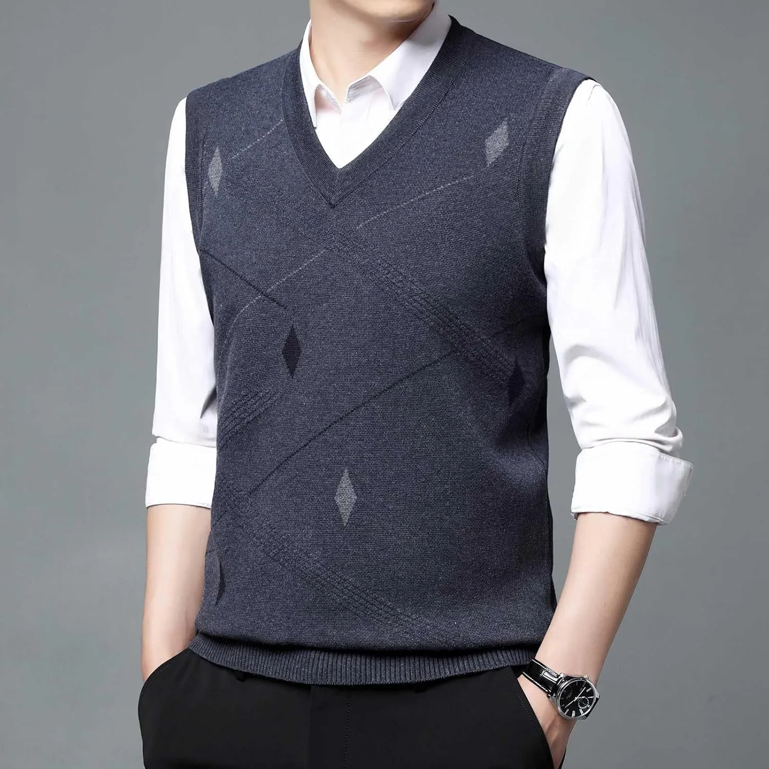 Sweater Vests for Men Business Casual Printed Knitted Sweaters Classic V-Neck Pullover Sleeveless Slim Fit Sweaters