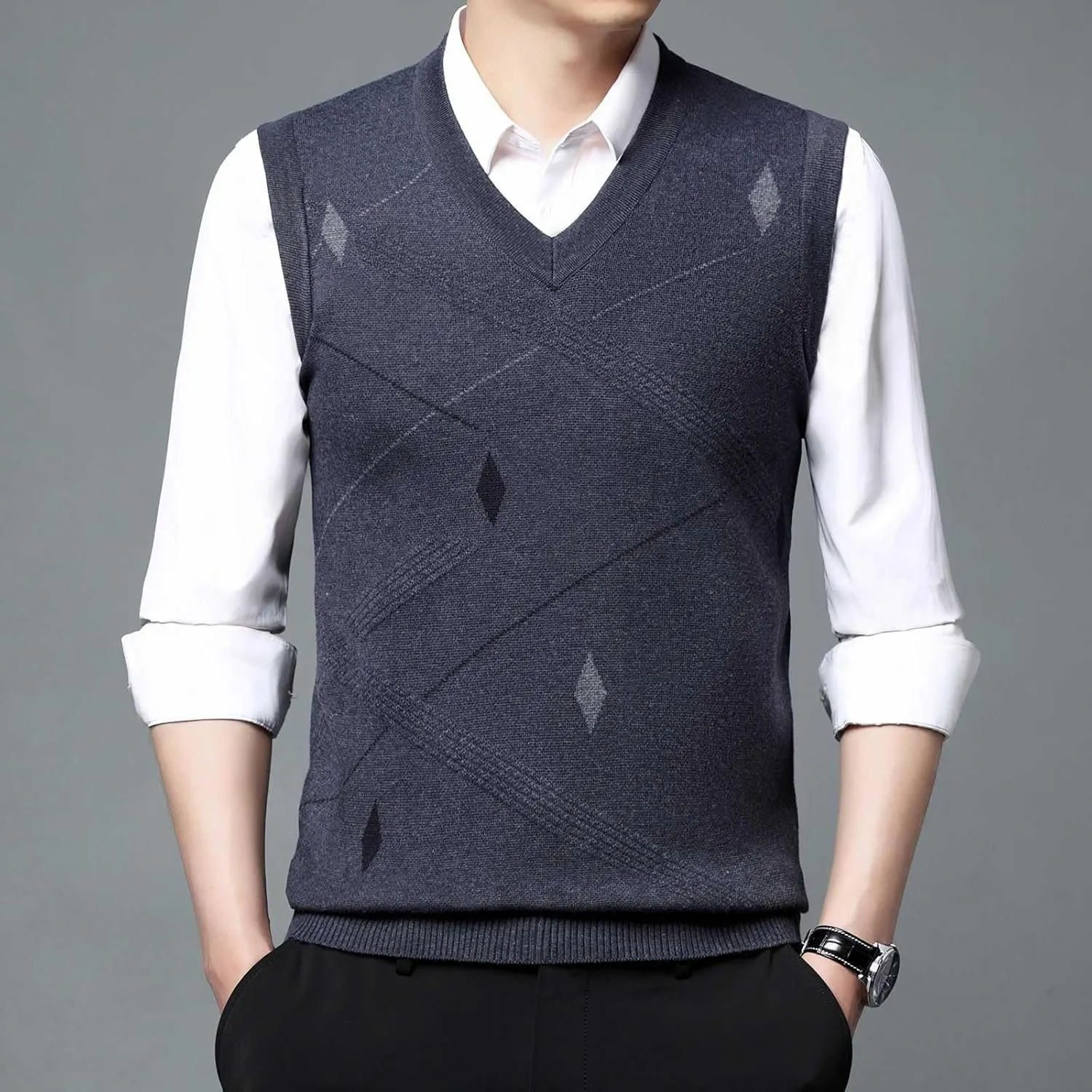 Sweater Vests for Men Business Casual Printed Knitted Sweaters Classic V-Neck Pullover Sleeveless Slim Fit Sweaters
