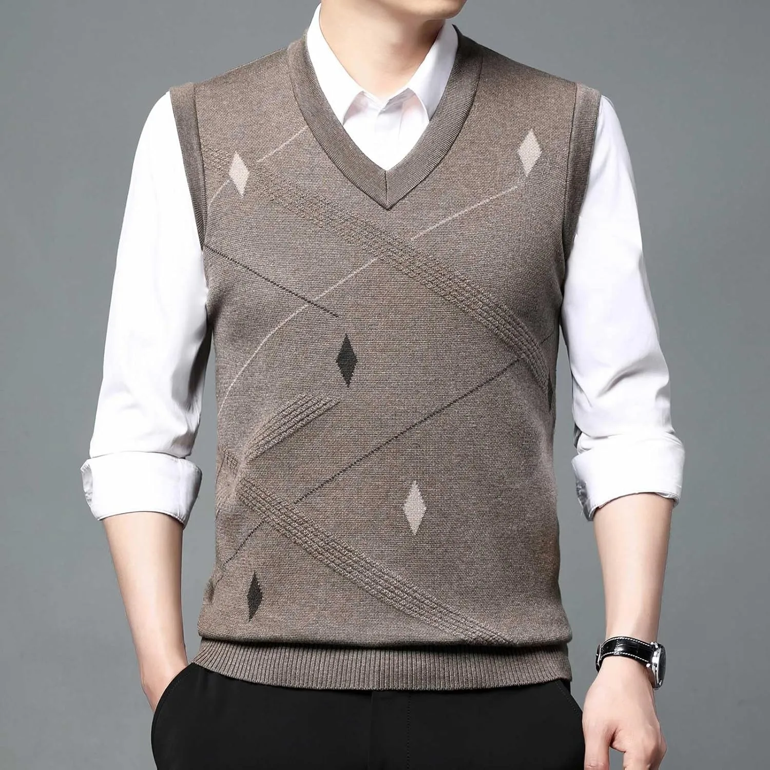 Sweater Vests for Men Business Casual Printed Knitted Sweaters Classic V-Neck Pullover Sleeveless Slim Fit Sweaters
