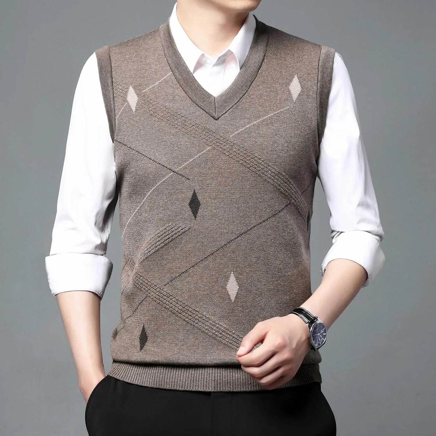Sweater Vests for Men Business Casual Printed Knitted Sweaters Classic V-Neck Pullover Sleeveless Slim Fit Sweaters