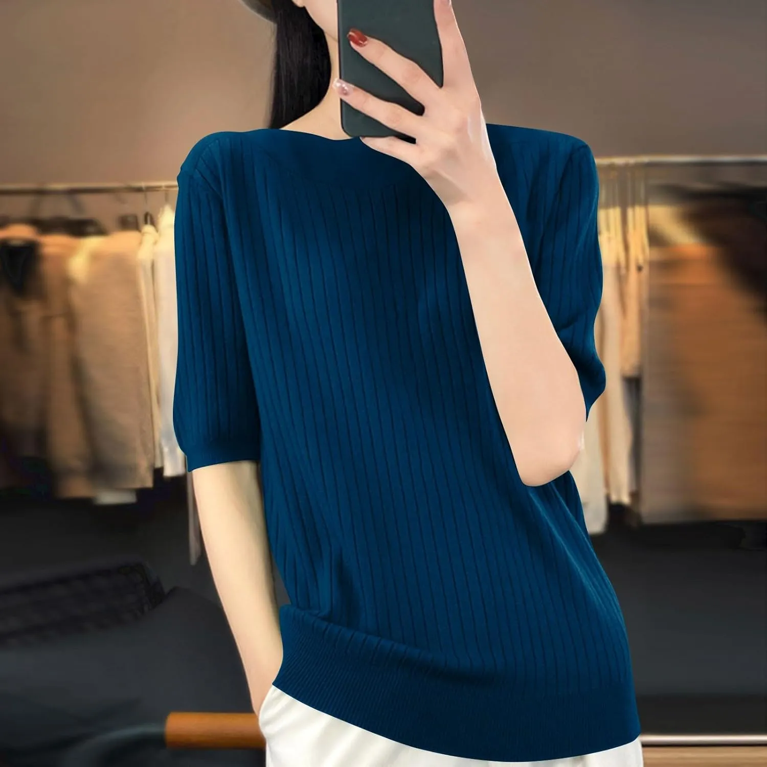 Sweaters for Women Fashion 2025 Half Sleeve Tops Casual Loose Knitted Sweaters Stretchy Crewneck Tshirt