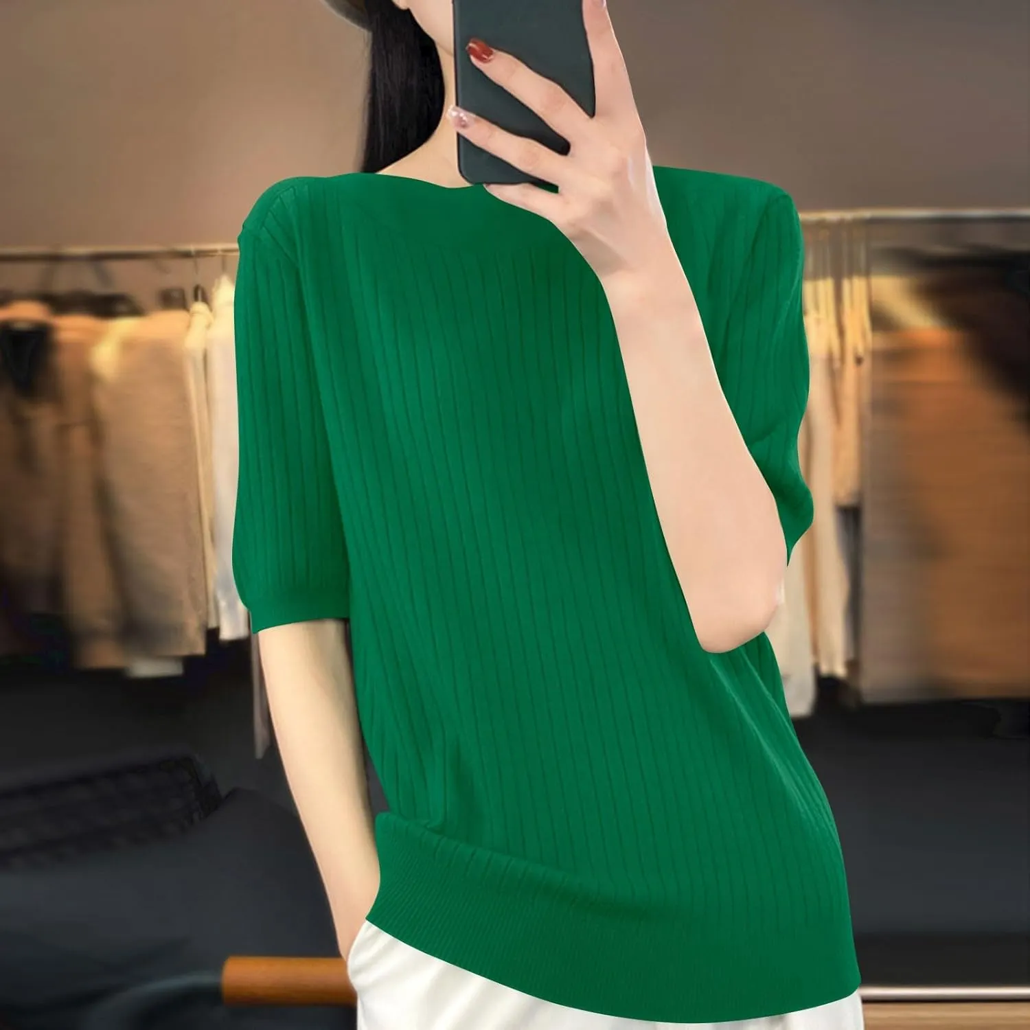 Sweaters for Women Fashion 2025 Half Sleeve Tops Casual Loose Knitted Sweaters Stretchy Crewneck Tshirt