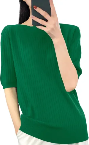 Sweaters for Women Fashion 2025 Half Sleeve Tops Casual Loose Knitted Sweaters Stretchy Crewneck Tshirt