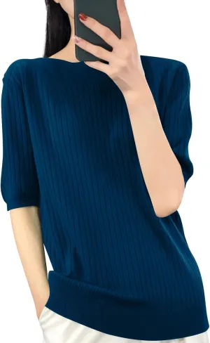 Sweaters for Women Fashion 2025 Half Sleeve Tops Casual Loose Knitted Sweaters Stretchy Crewneck Tshirt
