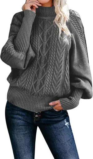 Sweaters for Women Mock Turtleneck Solid Cable Knitted Trendy Lantern Sleeve Warm Comfort Pullover Sweaters Tops