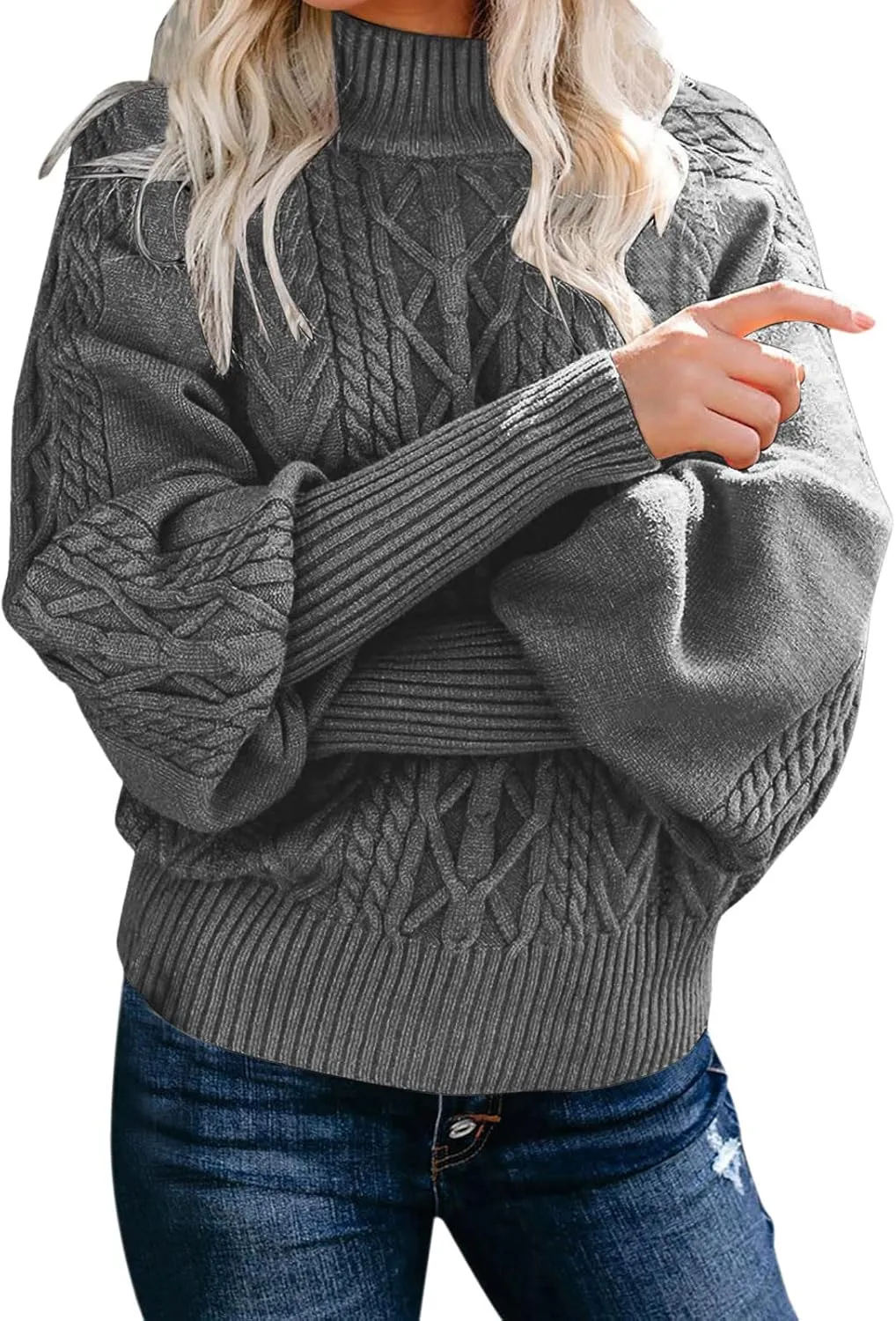 Sweaters for Women Mock Turtleneck Solid Cable Knitted Trendy Lantern Sleeve Warm Comfort Pullover Sweaters Tops