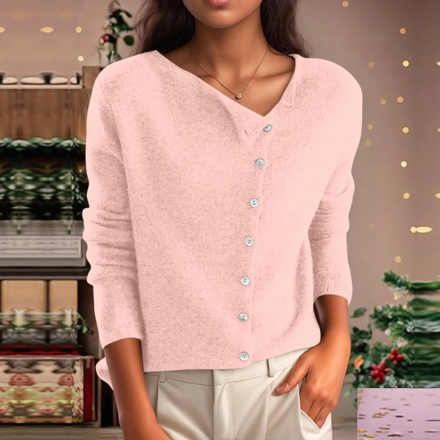 Sweaters for Women Trendy V Neck Knit Sweater Y2k Cute Button Down Shirts Basic Casual Long Sleeve Cardigan Sweaters