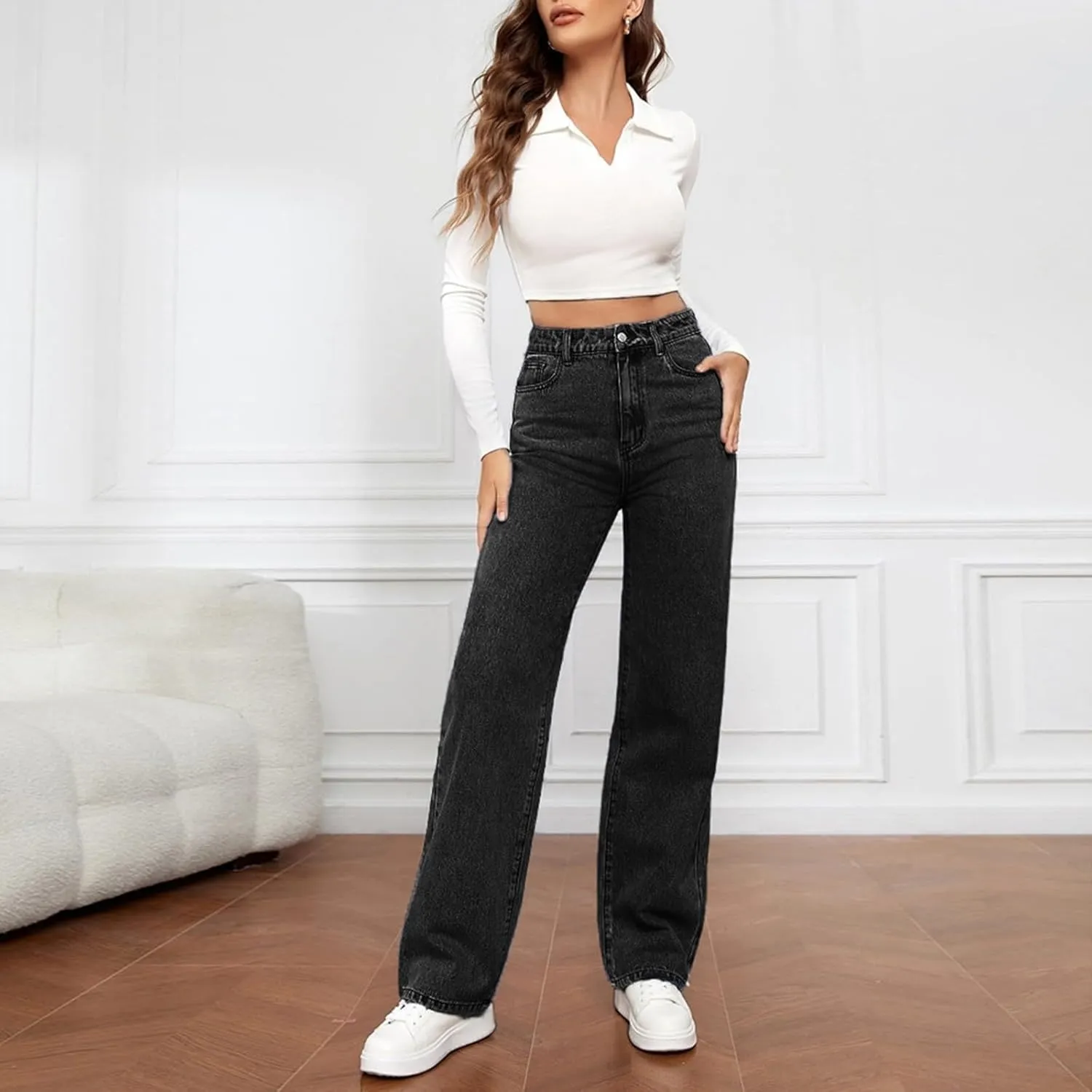 Sweatpant Jeans Boyfriend High Waited Baggy Wide Leg Jean Y2k Streetwear Retro Loose Fit Denim Pant with Pockets