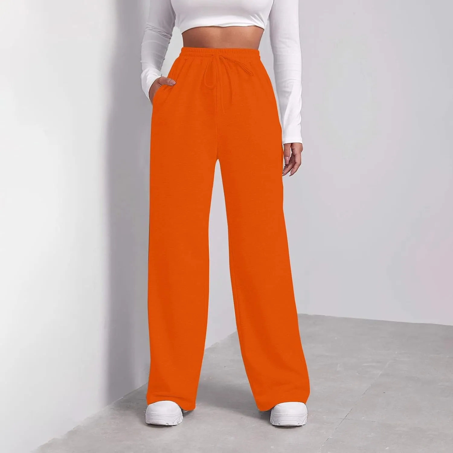 Sweatpants Elastic Waist Trousers with Pockets Solid Color Pants for Women Dressy Casual High Rise Jogger Pants
