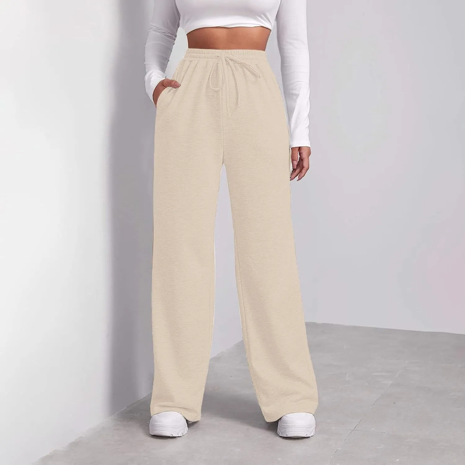 Sweatpants Elastic Waist Trousers with Pockets Solid Color Pants for Women Dressy Casual High Rise Jogger Pants