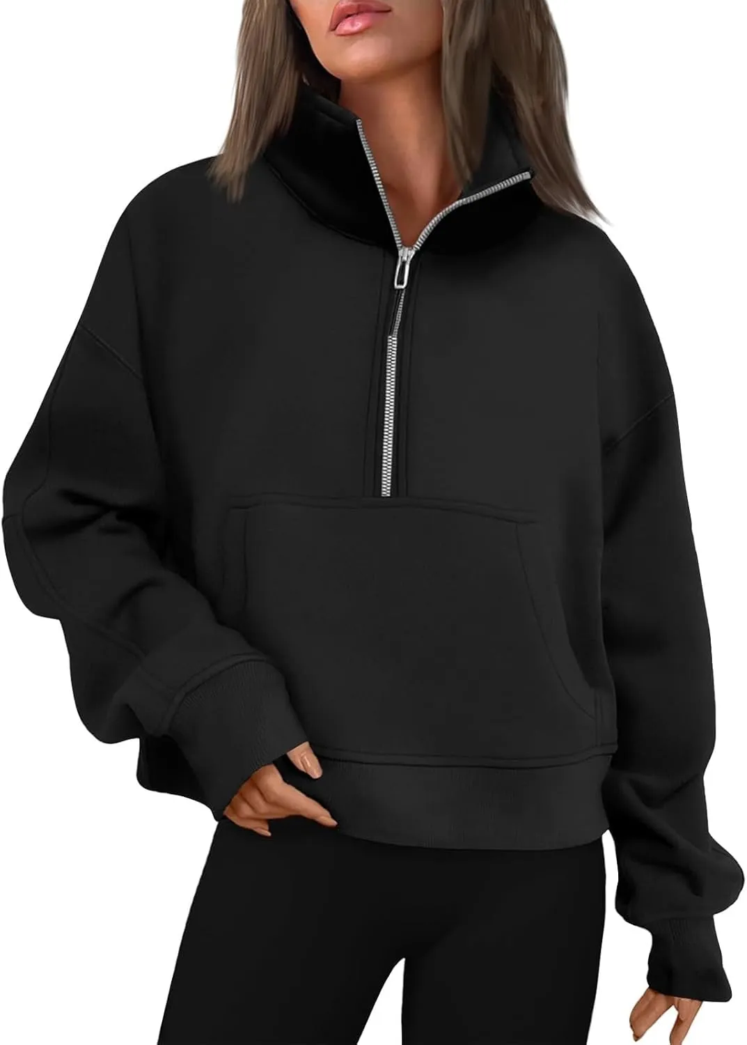 Sweatshirt for Women Half Zip Cropped Pullover Fleece Quarter Zipper Hoodies Fall Outfits Clothes Thumb Hole